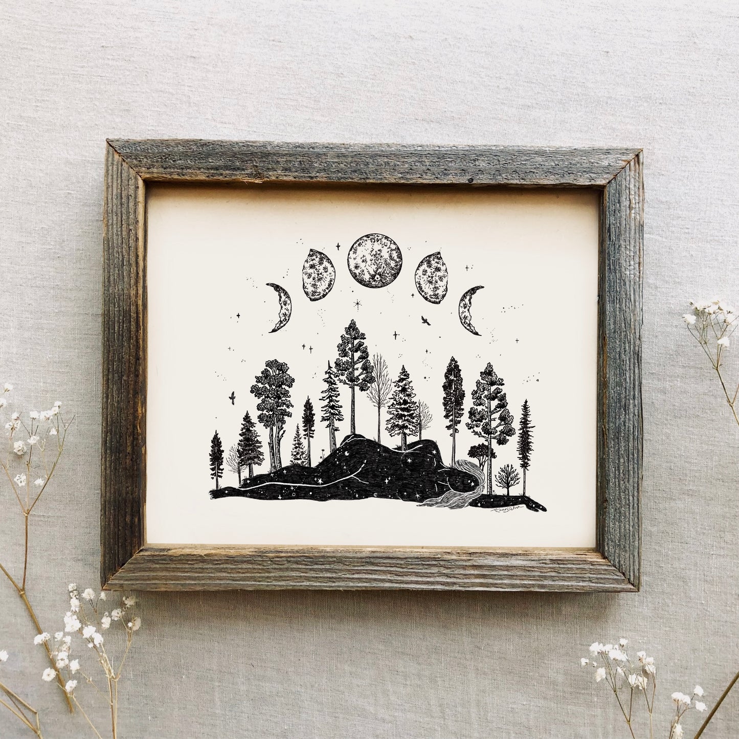 Forested Moon Phase Woman Art Print