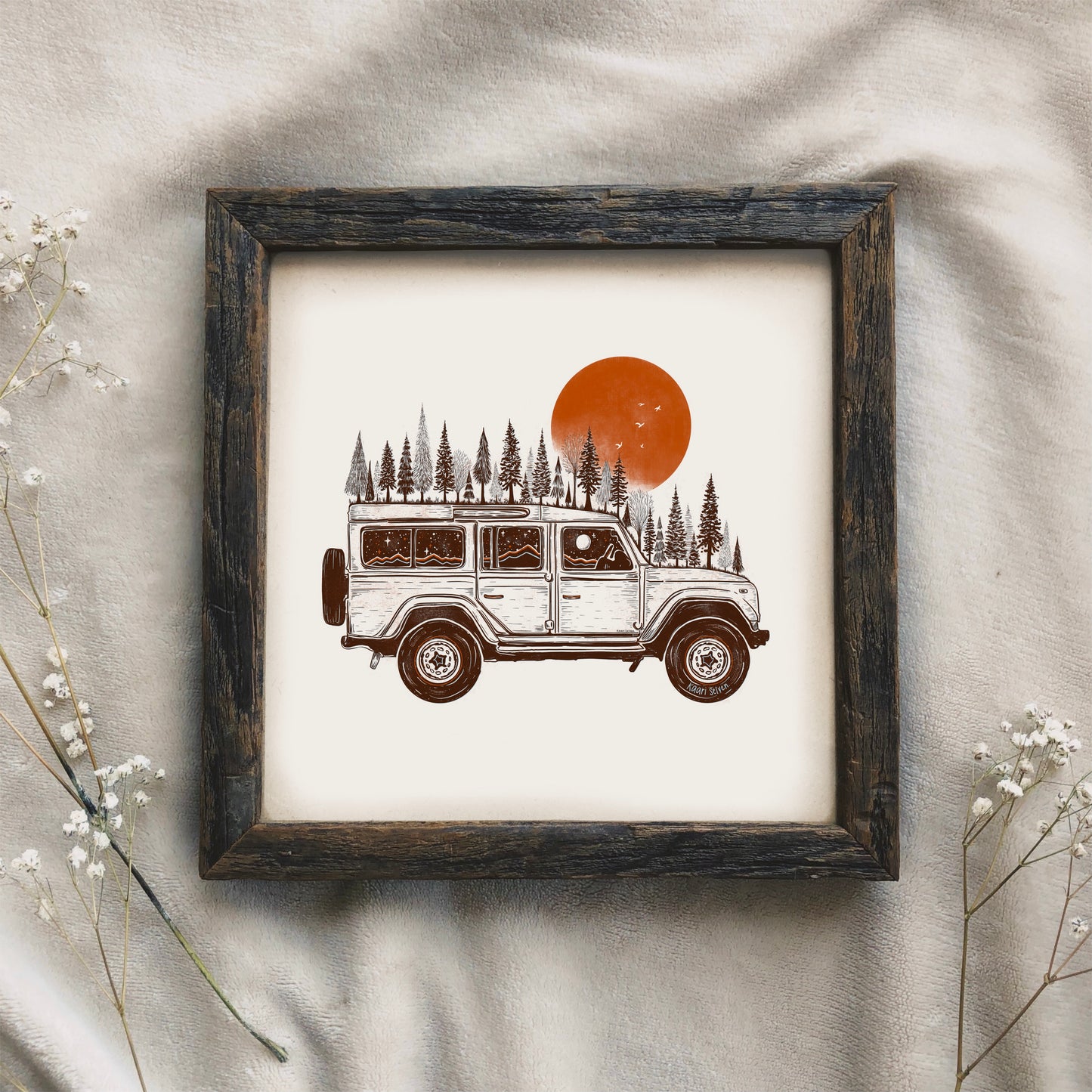 Autumn Sun Forested Jeep Art Print