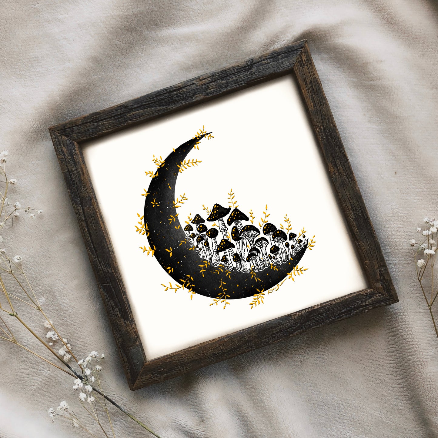 Golden Mushroom Moon Art Print