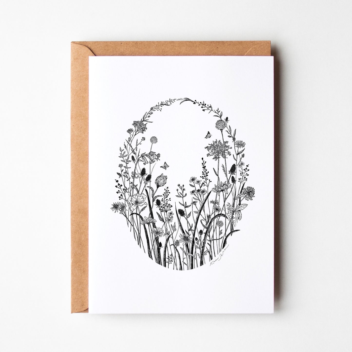 Floral Oval Pen and Ink Drawing Blank Greeting Card