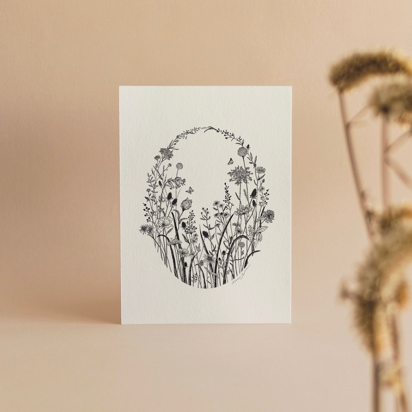 Floral Oval Pen and Ink Drawing Blank Greeting Card