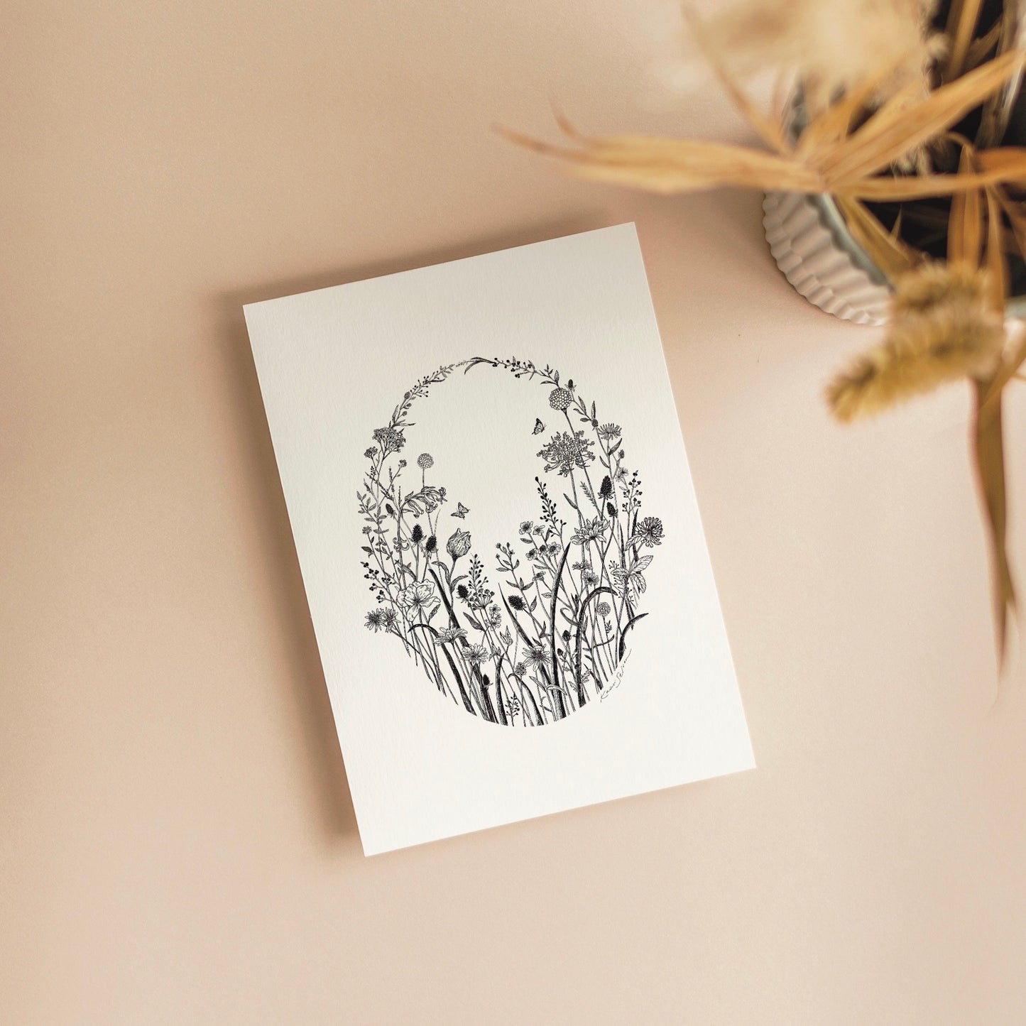 Floral Oval Pen and Ink Drawing Blank Greeting Card