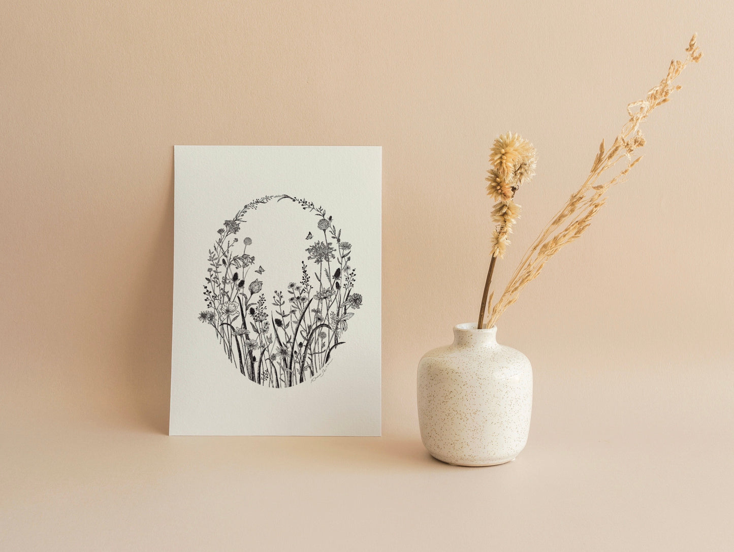Floral Oval Pen and Ink Drawing Blank Greeting Card