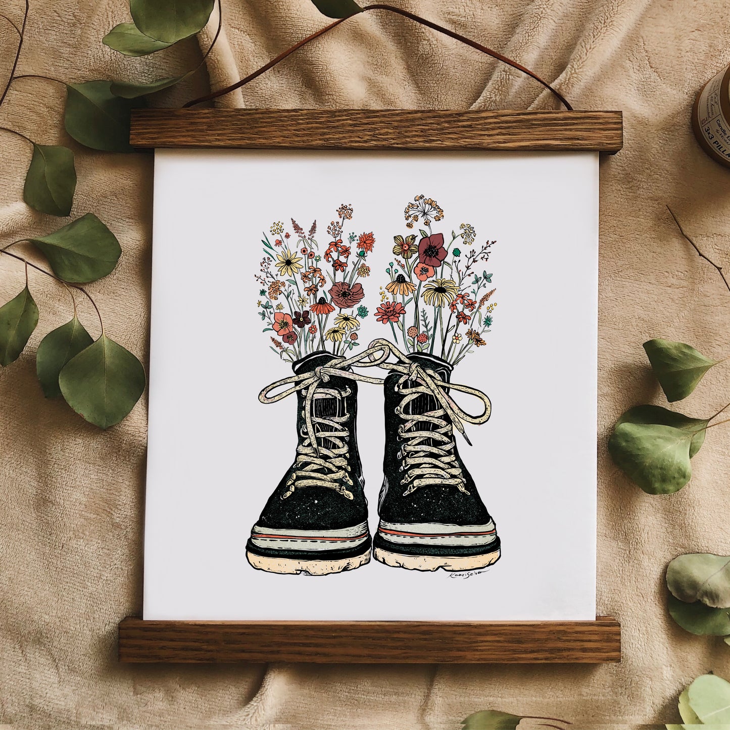 Floral Hiking Boots Art Print