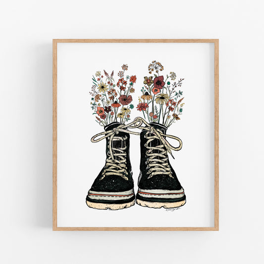 Floral Hiking Boots Art Print