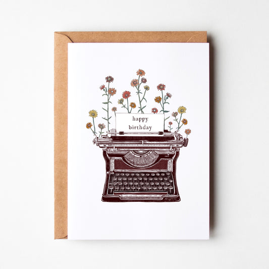 Happy Birthday Floral Typewriter Greeting Card