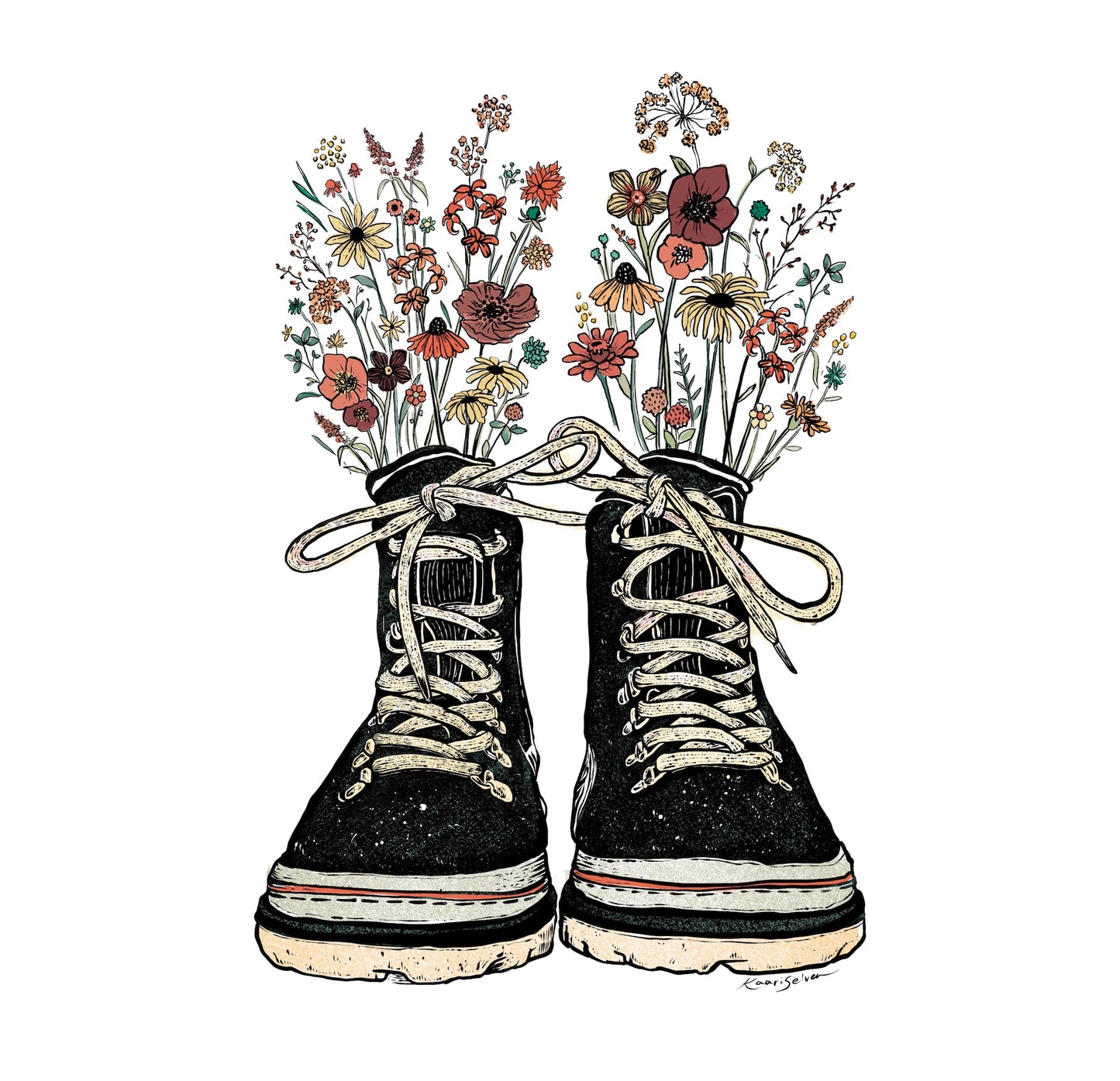 Floral Hiking Boots Art Print