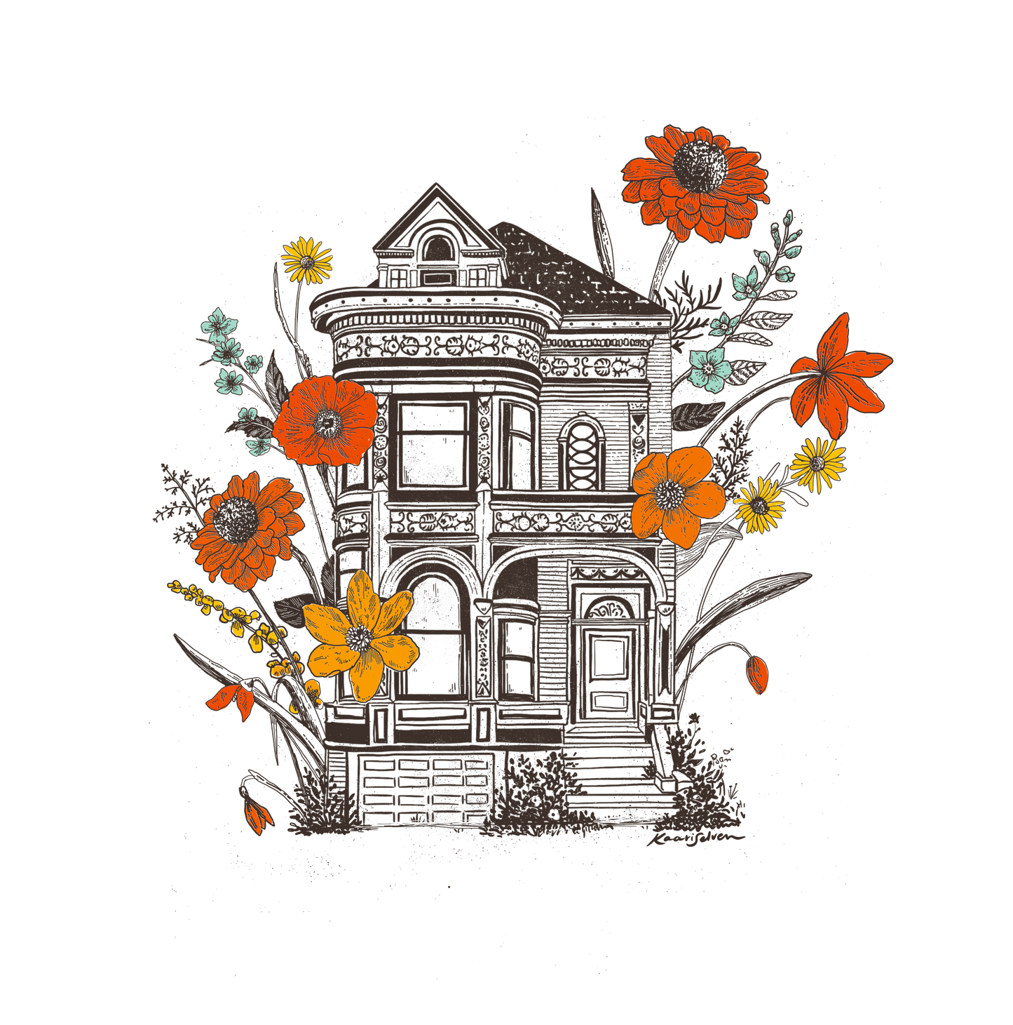 Custom 5" x 5" Handmade Paper Signed Print - Floral Victorian House