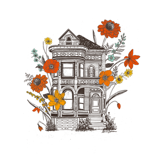 Custom 5" x 5" Handmade Paper Signed Print - Floral Victorian House