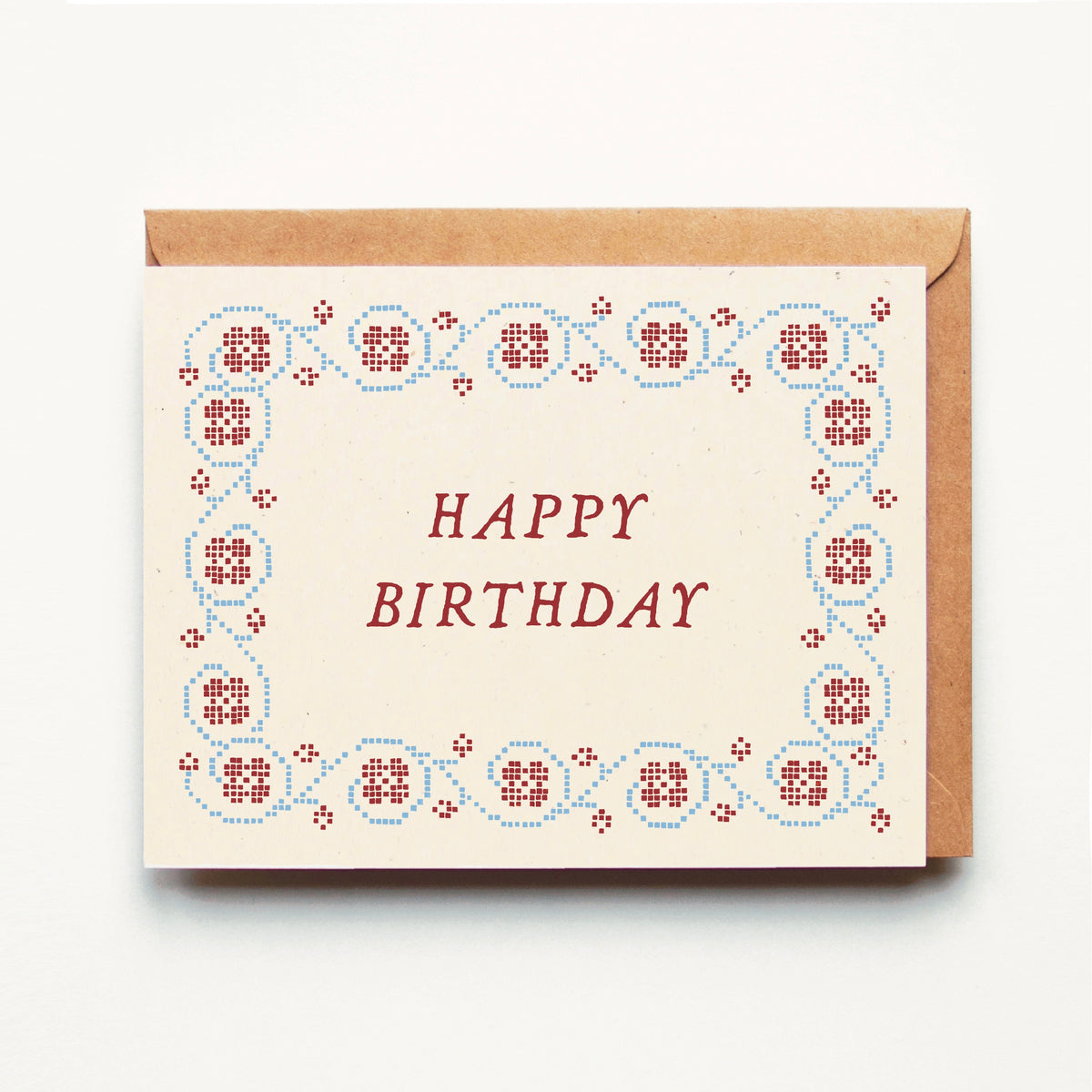 Happy Birthday - Floral Cross Stitch Border - Greeting Card