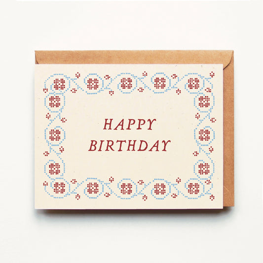 Happy Birthday - Floral Cross Stitch Border - Greeting Card