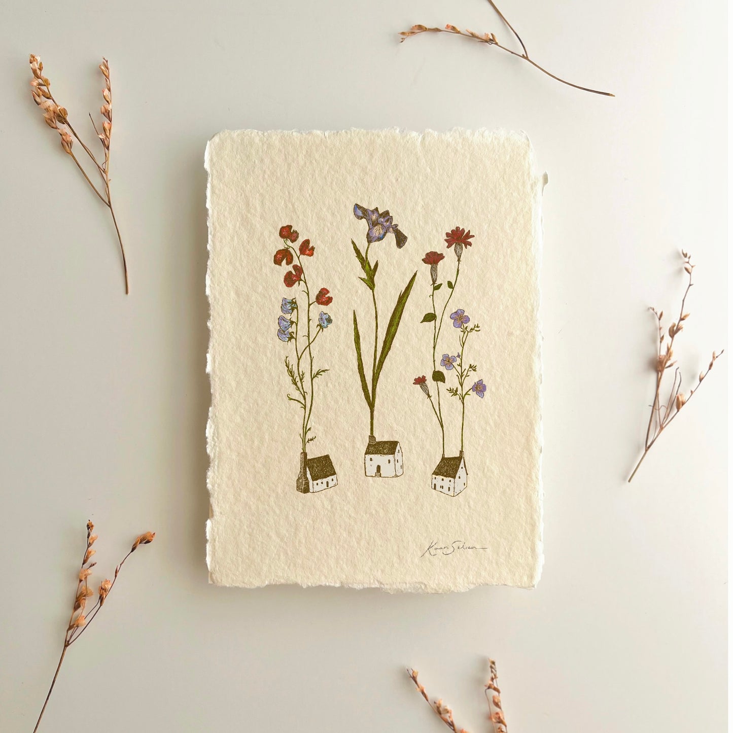 Little Houses in Bloom Heirloom Art Print