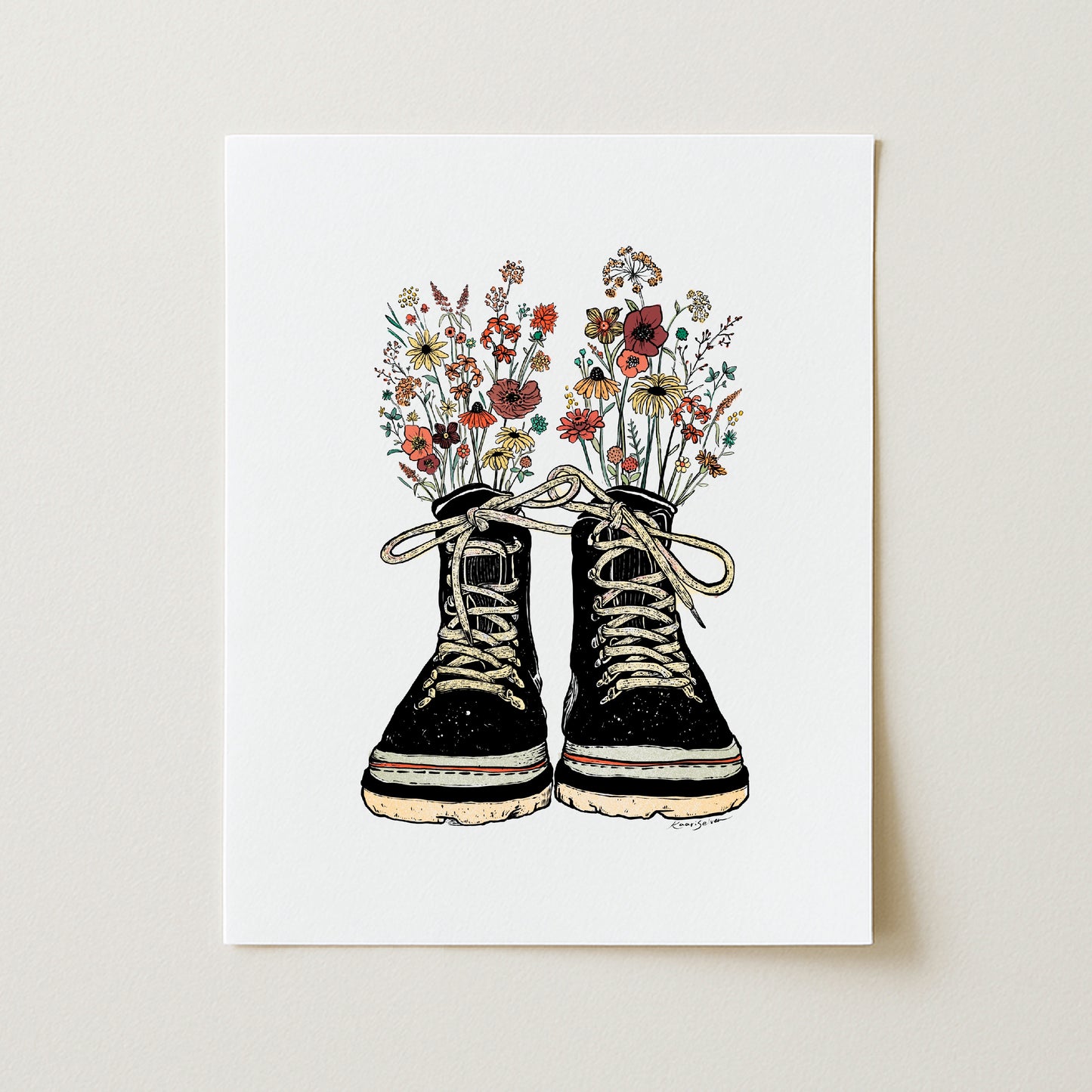 Floral Hiking Boots Art Print
