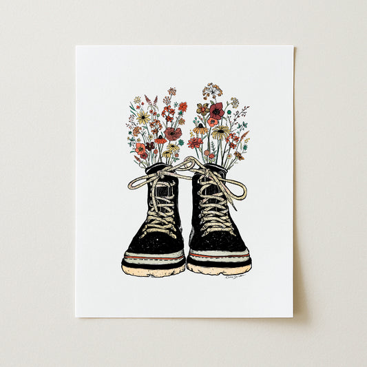 Floral Hiking Boots Art Print