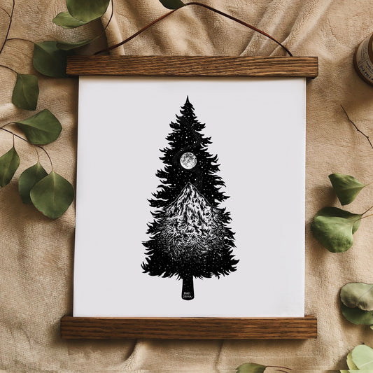 Mountainous Tree Silhouette Art Print