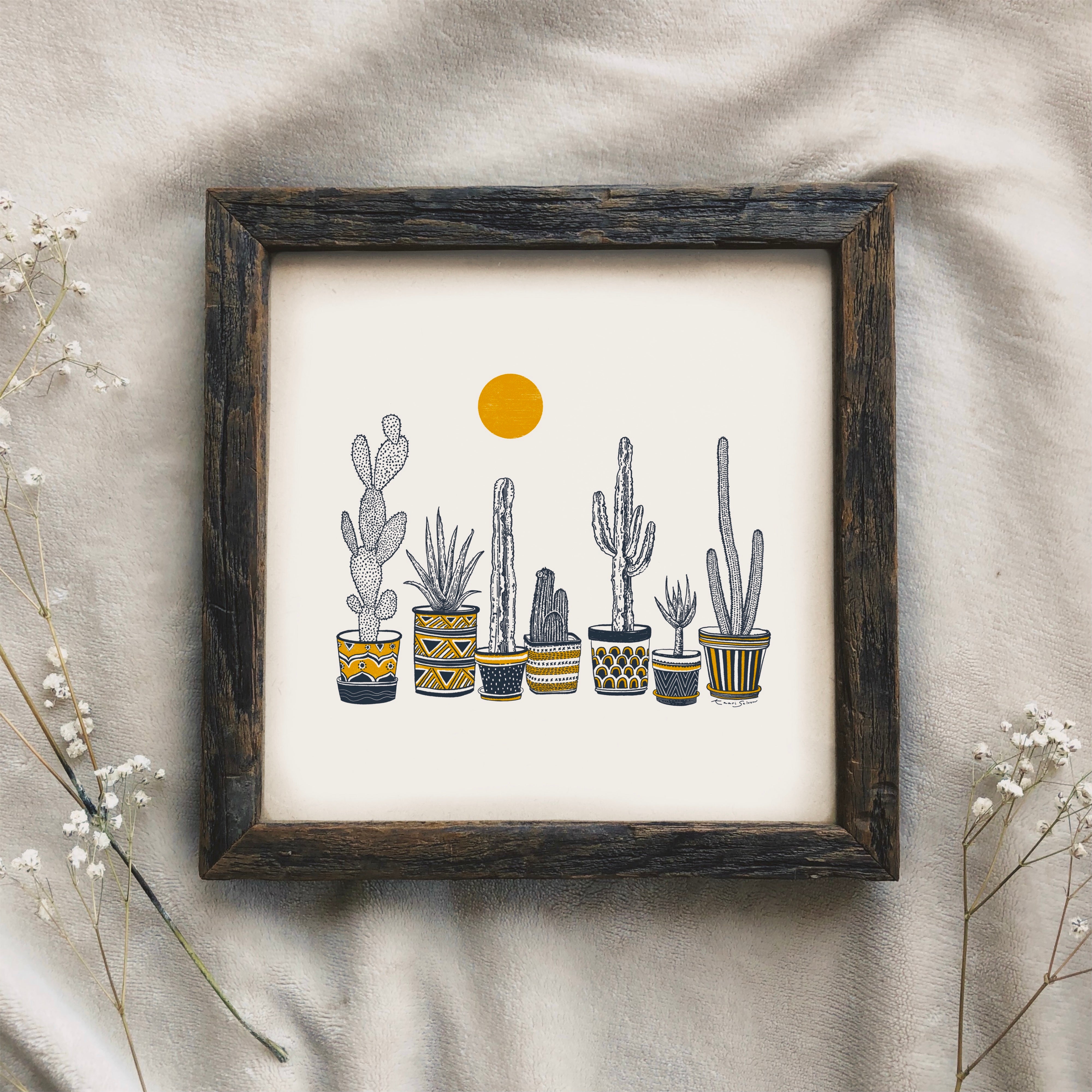 Cactus Potted Plants (in Blue and Yellow) Art Print