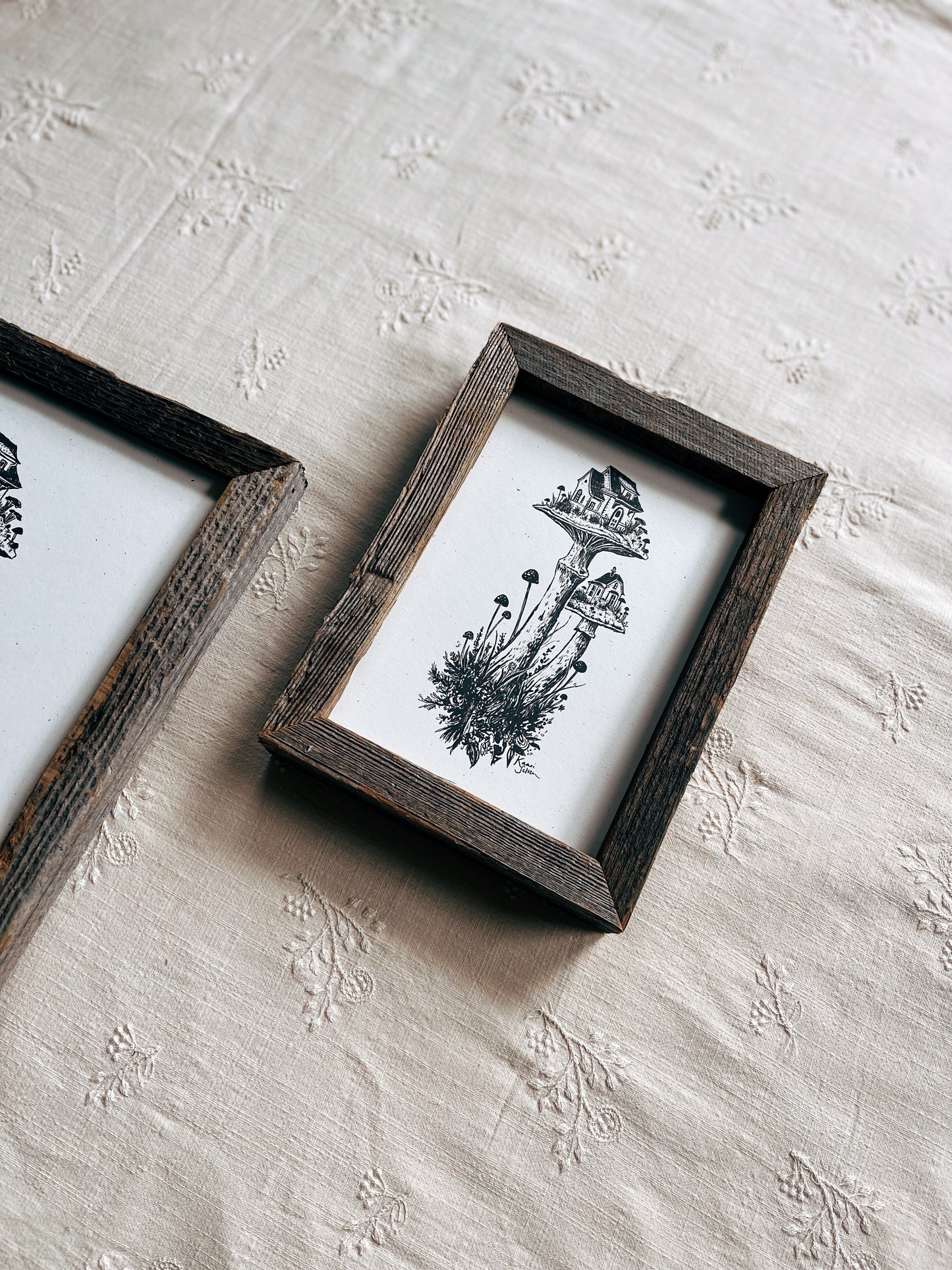 Framed Mushroom House Limited Edition Print and Reclaimed Wood Frame Frame