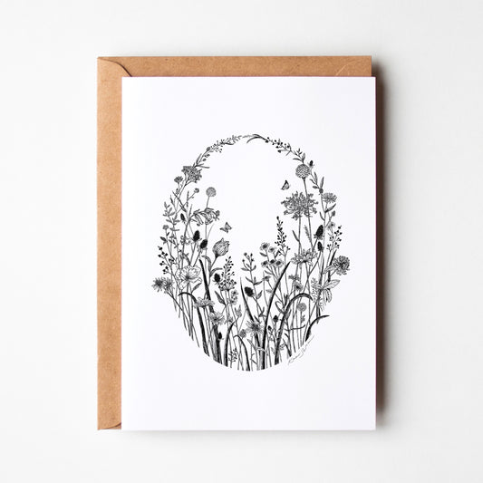 Floral Oval Pen and Ink Drawing Blank Greeting Card