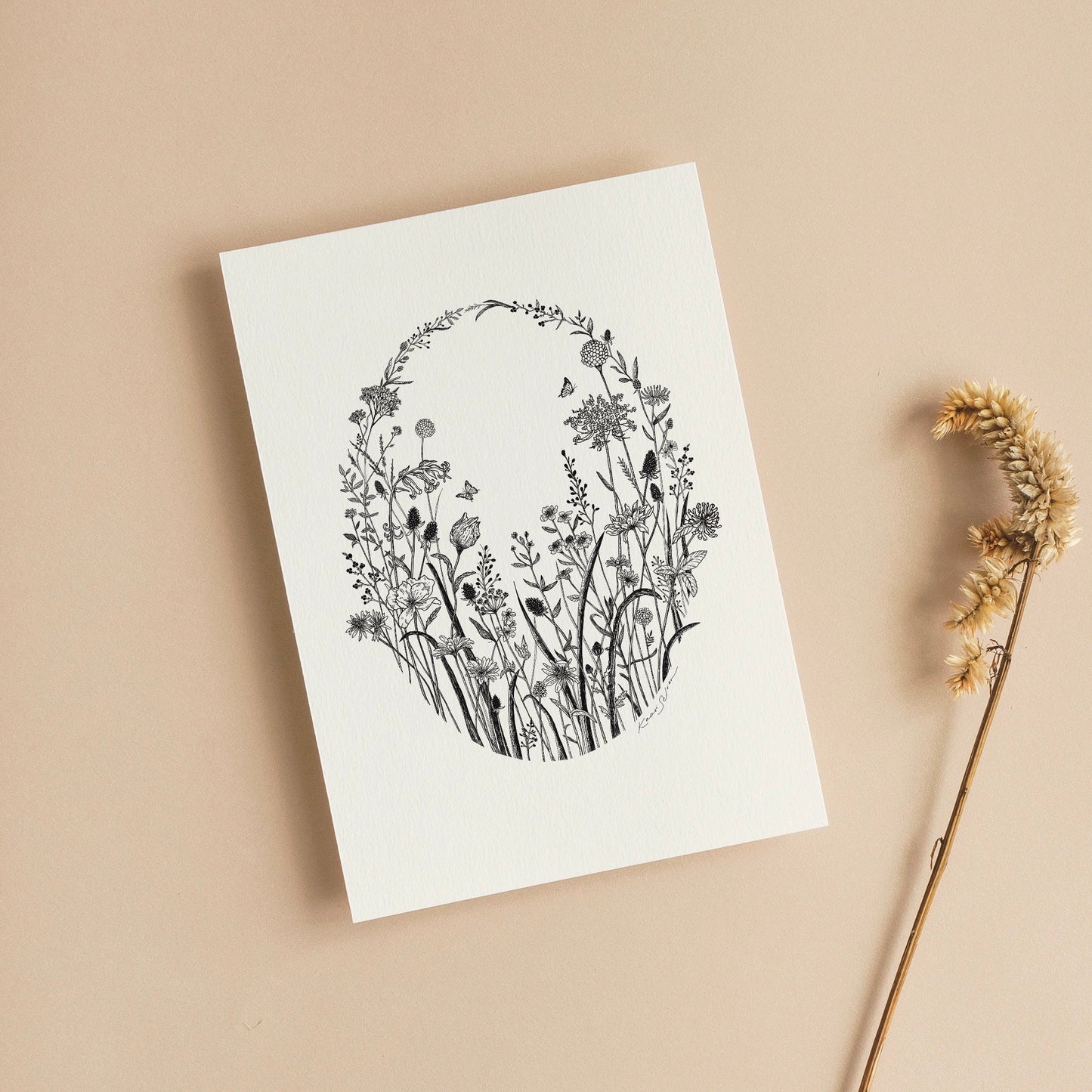 Floral Oval Pen and Ink Drawing Blank Greeting Card