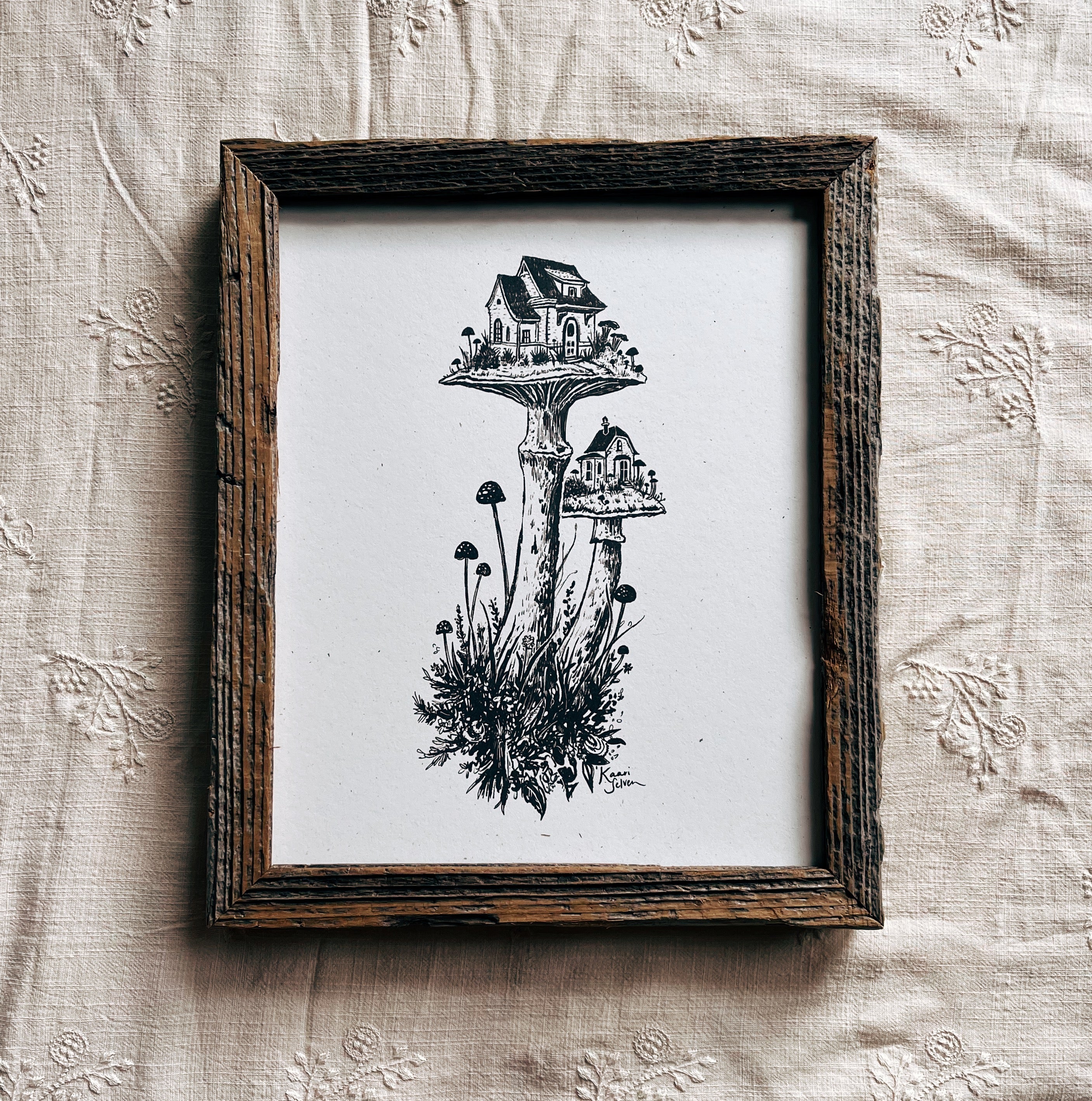 Framed Mushroom House Limited Edition Print and Reclaimed Wood Frame Frame