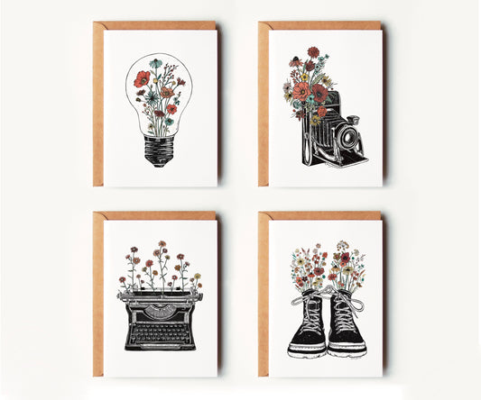 Set of 4 Art Greeting Cards - Floral Vintage Camera, Typewriter, Lightbulb and Hiking Boots